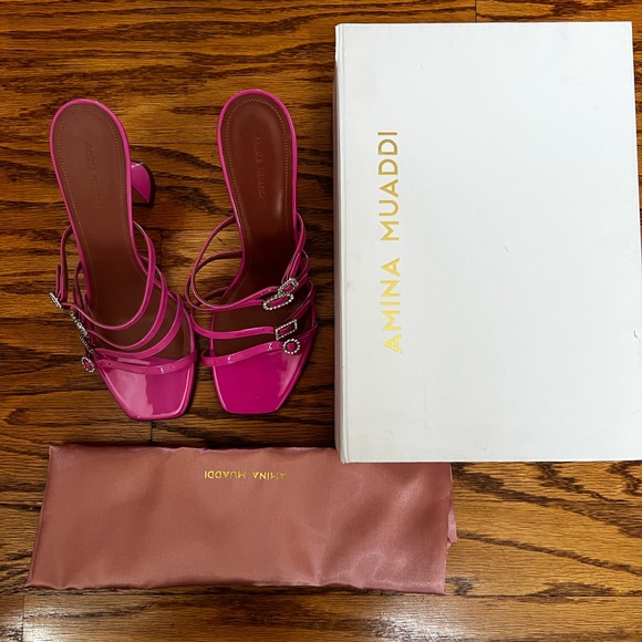 Amina Muaddi Robyn Strappy Patent Leather Sandals
Pink in 41 - Picture 3 of 8